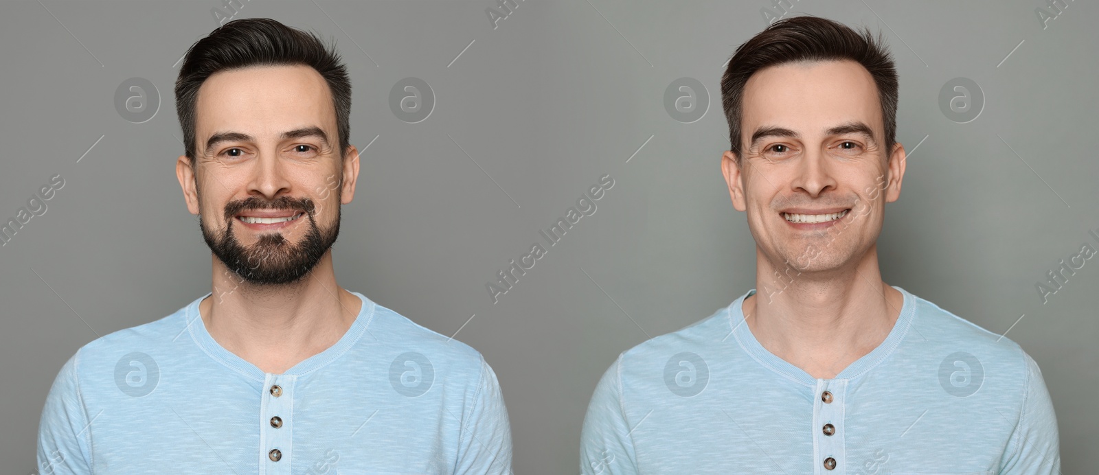 Image of Handsome man before and after shaving on grey background, collage of photos. Banner design