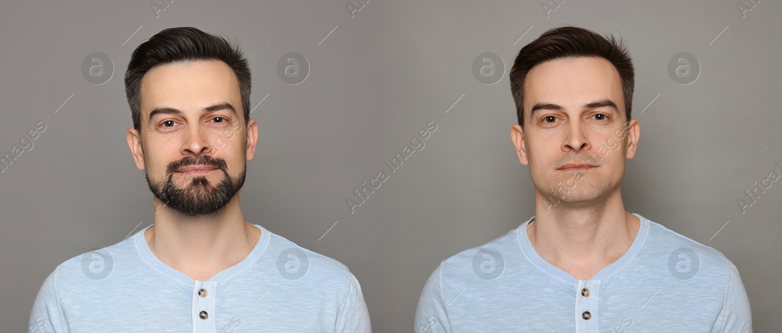 Image of Handsome man before and after shaving on grey background, collage of photos. Banner design