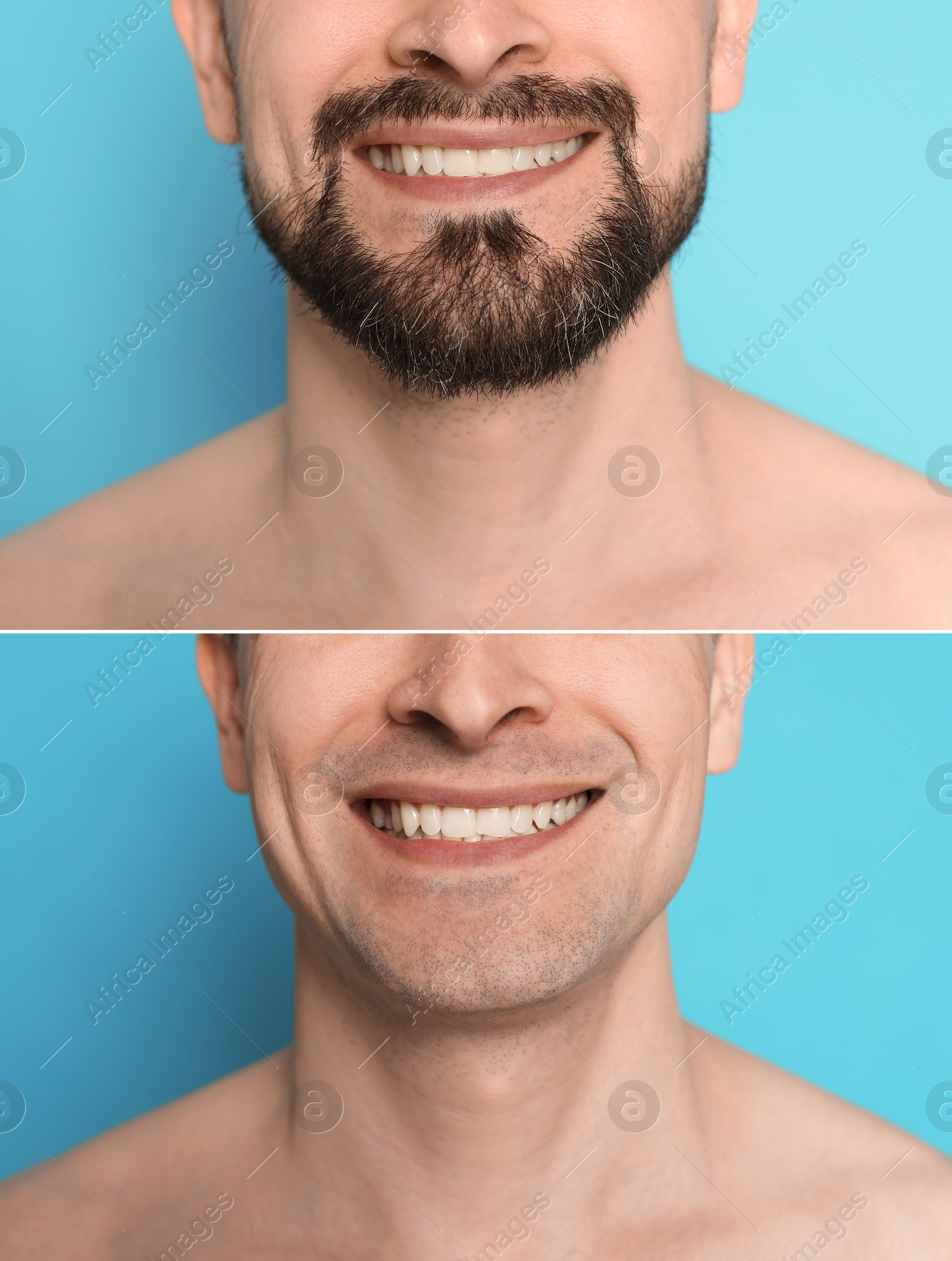 Image of Man before and after shaving on light blue background, closeup. Collage of photos