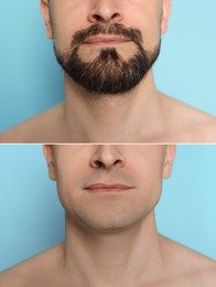 Image of Man before and after shaving on light blue background, closeup. Collage of photos