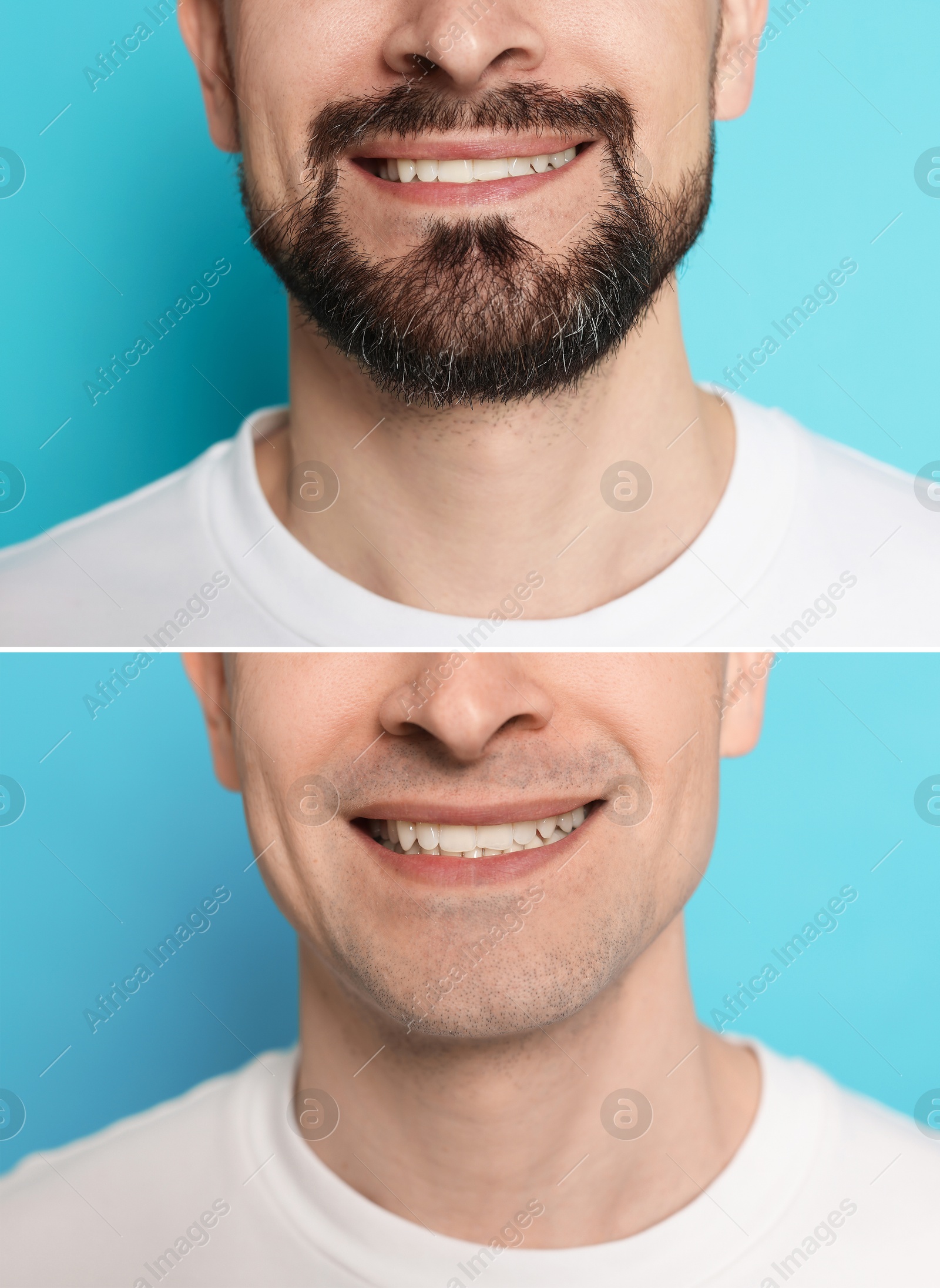Image of Man before and after shaving on light blue background, closeup. Collage of photos