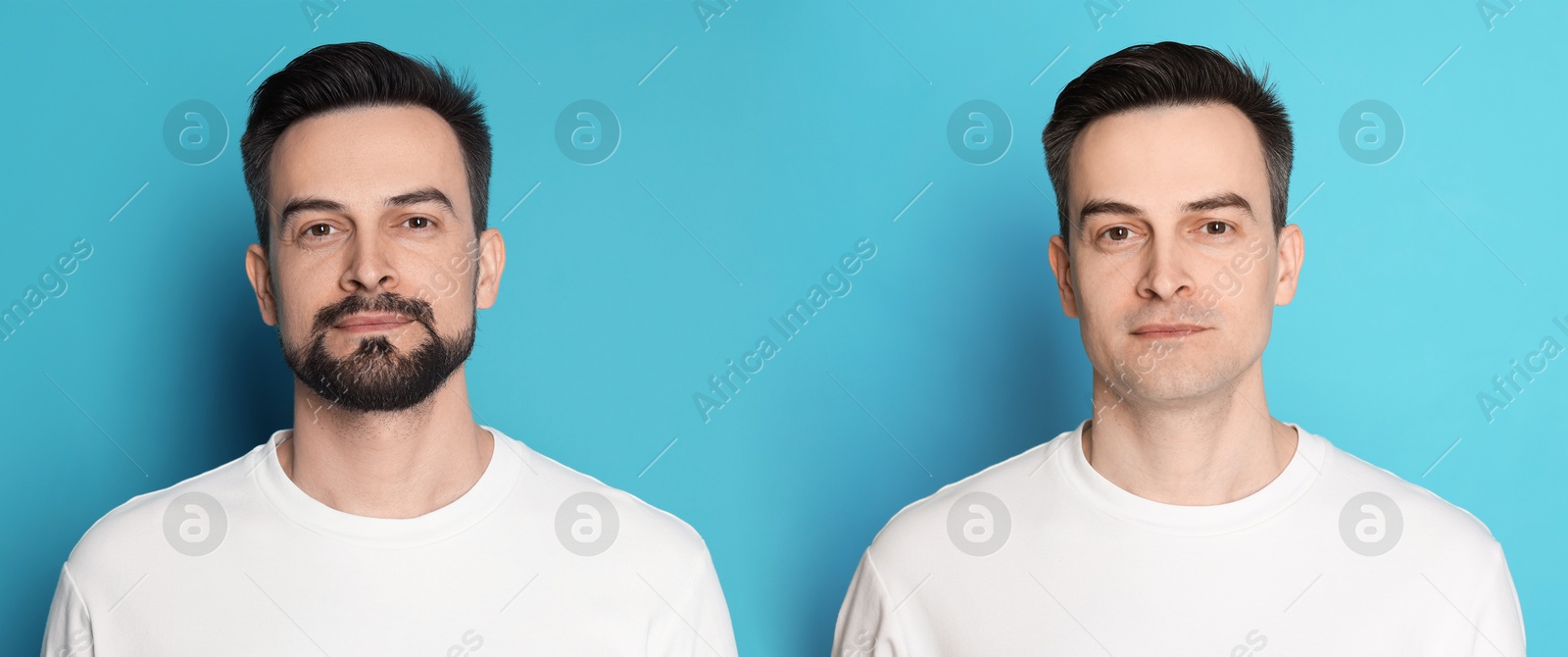 Handsome man before and after shaving on light blue background, collage of photos. Banner design Image of Handsome man before and after shaving on light blue background, collage of photos. Banner design