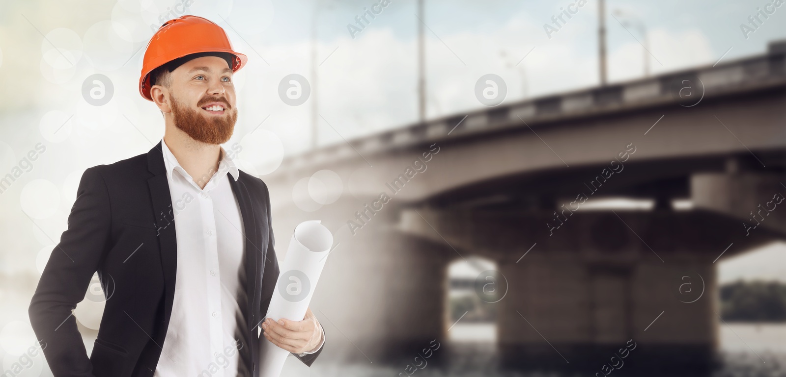 Construction engineer with draft against bridge outdoors. Banner design Image of Construction engineer with draft against bridge outdoors. Banner design