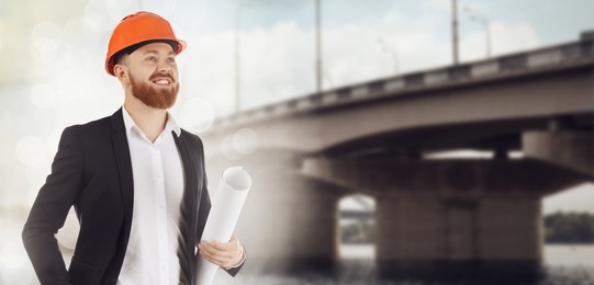 Image of Construction engineer with draft against bridge outdoors. Banner design