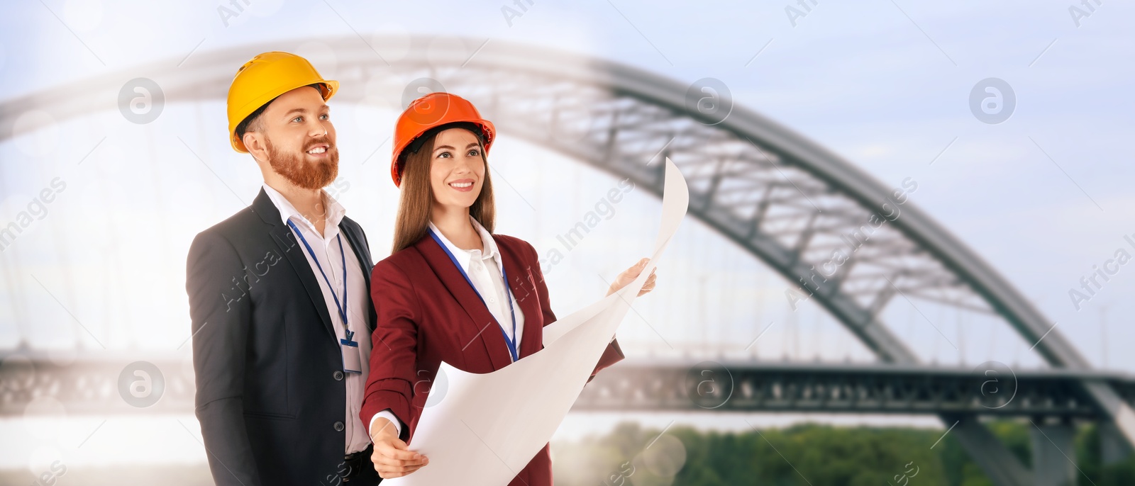 Construction engineers with draft against bridge outdoors. Banner design Image of Construction engineers with draft against bridge outdoors. Banner design