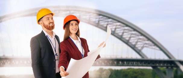 Image of Construction engineers with draft against bridge outdoors. Banner design