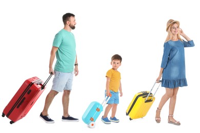 Image of Parents and child with suitcases on white background