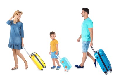 Image of Parents and child with suitcases on white background