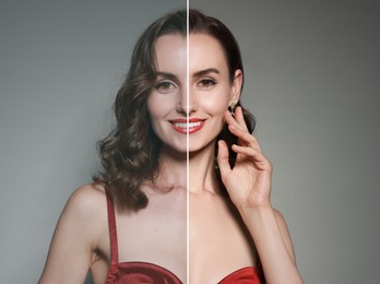 Image of Portrait of woman before and after retouching on grey background