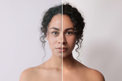 Image of Portrait of woman before and after retouching on light grey background