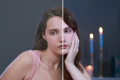 Image of Portrait of woman before and after retouching