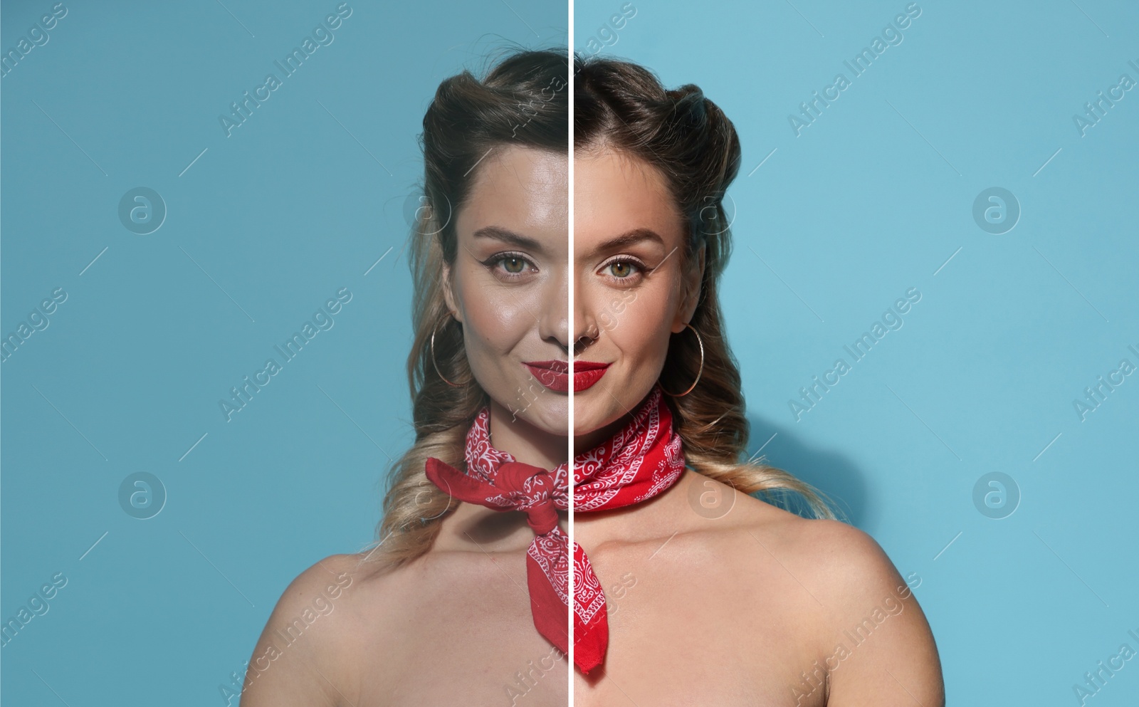 Portrait of woman before and after retouching on light blue background Image of Portrait of woman before and after retouching on light blue background