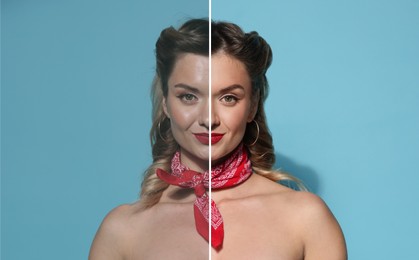 Image of Portrait of woman before and after retouching on light blue background