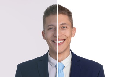 Image of Portrait of man before and after retouching on white background