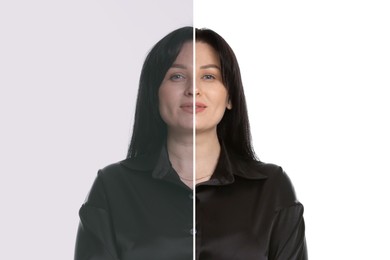 Image of Portrait of woman before and after retouching on white background