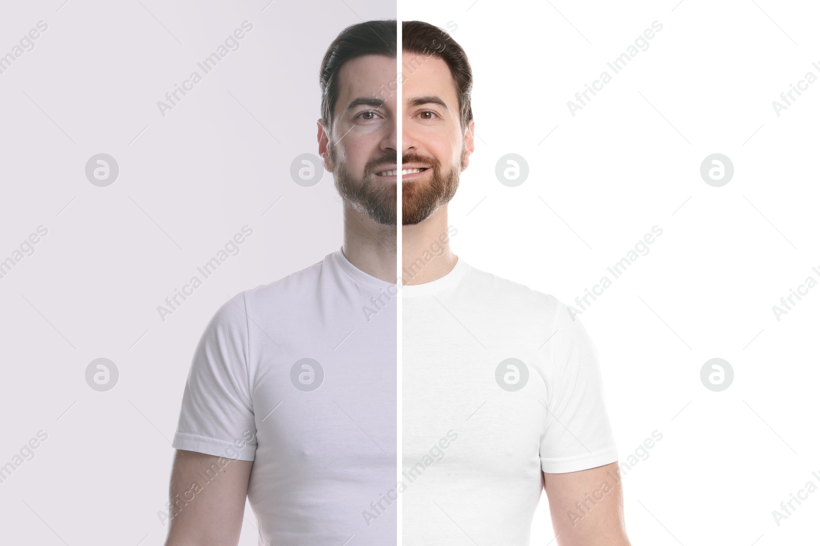 Portrait of man before and after retouching on white background Image of Portrait of man before and after retouching on white background