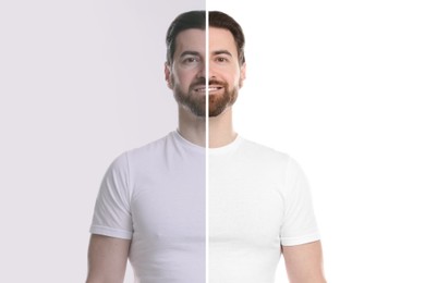 Image of Portrait of man before and after retouching on white background