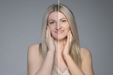 Image of Portrait of woman before and after retouching on grey background