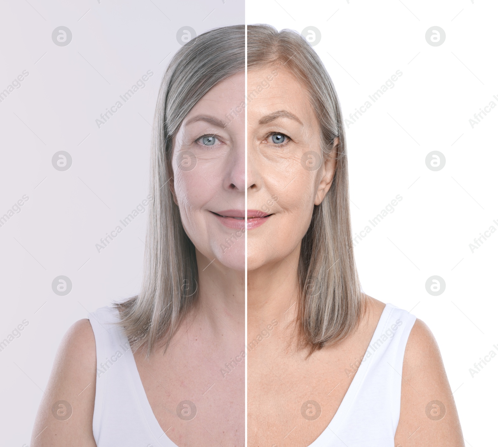 Portrait of senior woman before and after retouching on white background Image of Portrait of senior woman before and after retouching on white background