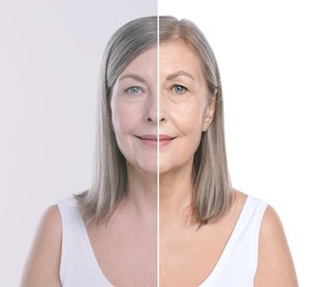 Image of Portrait of senior woman before and after retouching on white background