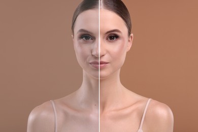Image of Portrait of woman before and after retouching on pale brown background