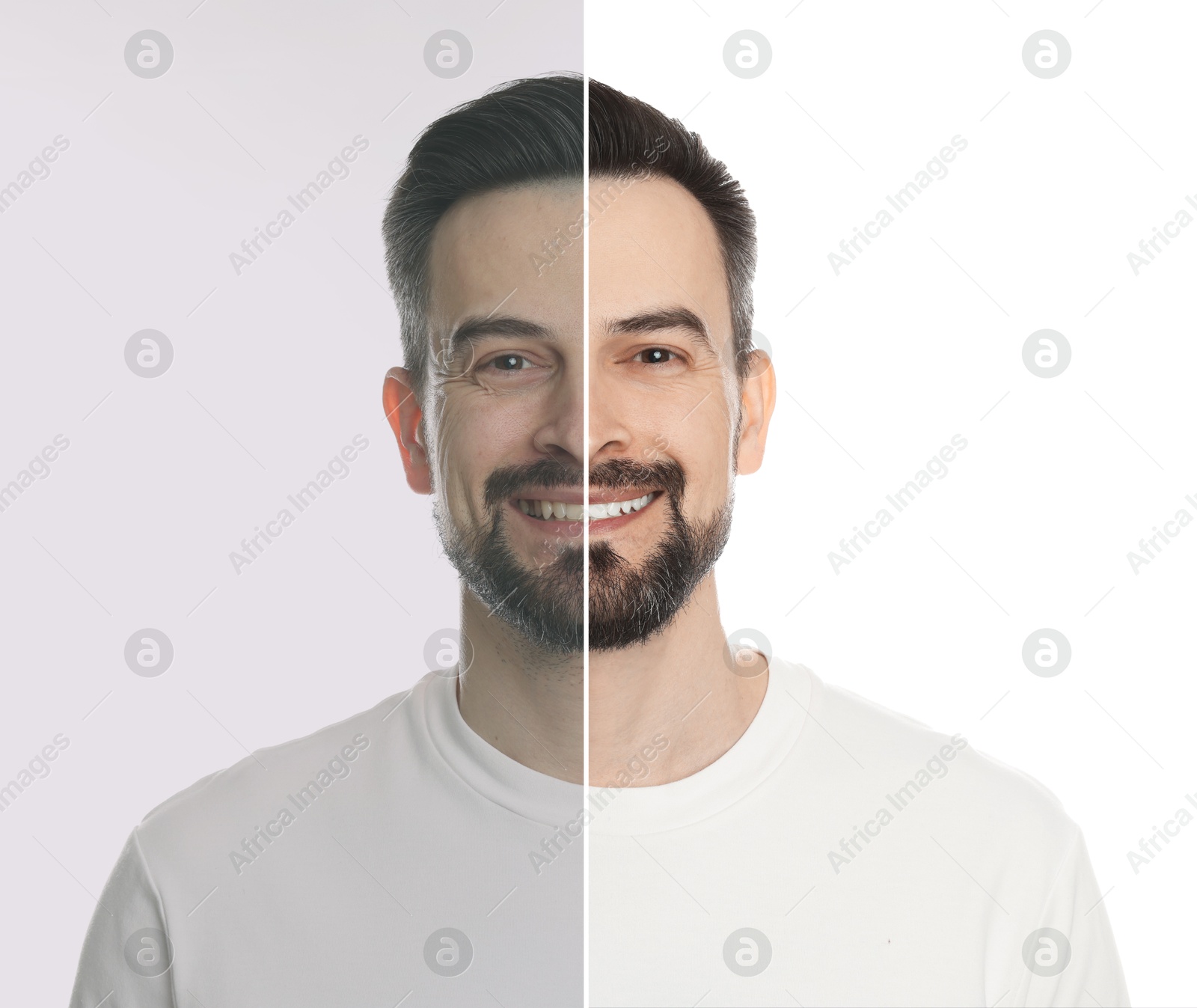 Portrait of man before and after retouching on white background Image of Portrait of man before and after retouching on white background