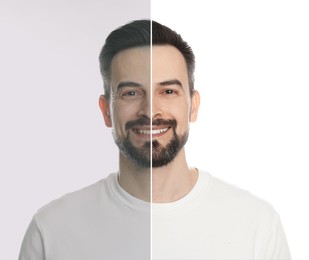 Image of Portrait of man before and after retouching on white background