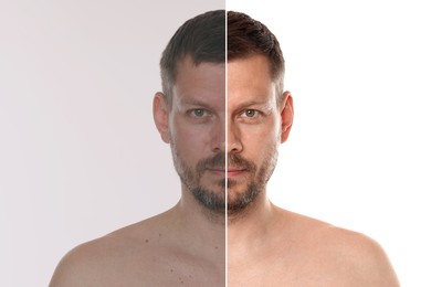 Image of Portrait of man before and after retouching on white background