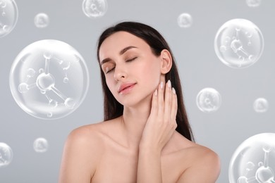 Image of Beautiful woman and collagen molecules on grey background