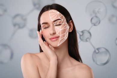 Image of Beautiful woman and collagen molecules on grey background