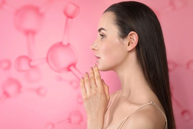 Image of Beautiful woman and collagen molecules on pink background