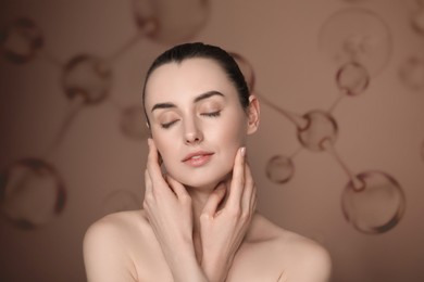 Image of Beautiful woman and collagen molecules on brown background