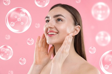 Image of Beautiful woman and collagen molecules on pink background
