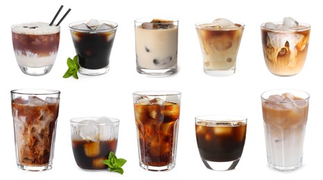 Image of Different cold coffee drinks isolated on white, set
