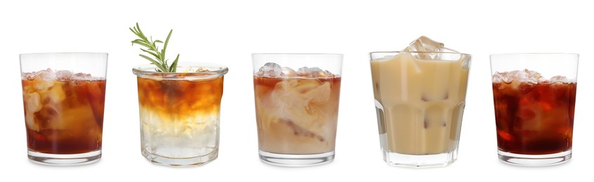 Image of Different cold coffee drinks isolated on white, set