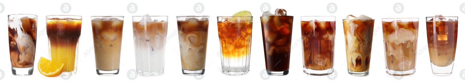 Different cold coffee drinks isolated on white, set Image of Different cold coffee drinks isolated on white, set