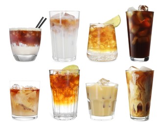 Image of Different cold coffee drinks isolated on white, set