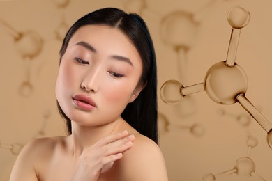 Image of Beautiful woman and collagen molecules on pale brown background