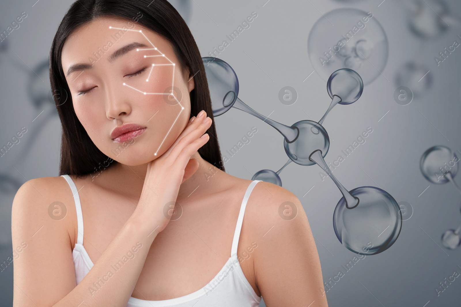 Beautiful woman and collagen molecules on grey background Image of Beautiful woman and collagen molecules on grey background