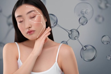 Image of Beautiful woman and collagen molecules on grey background