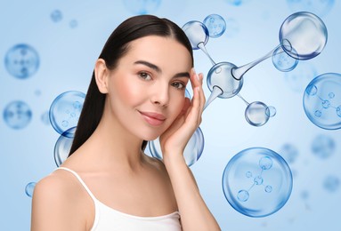 Image of Beautiful woman and collagen molecules on light blue background