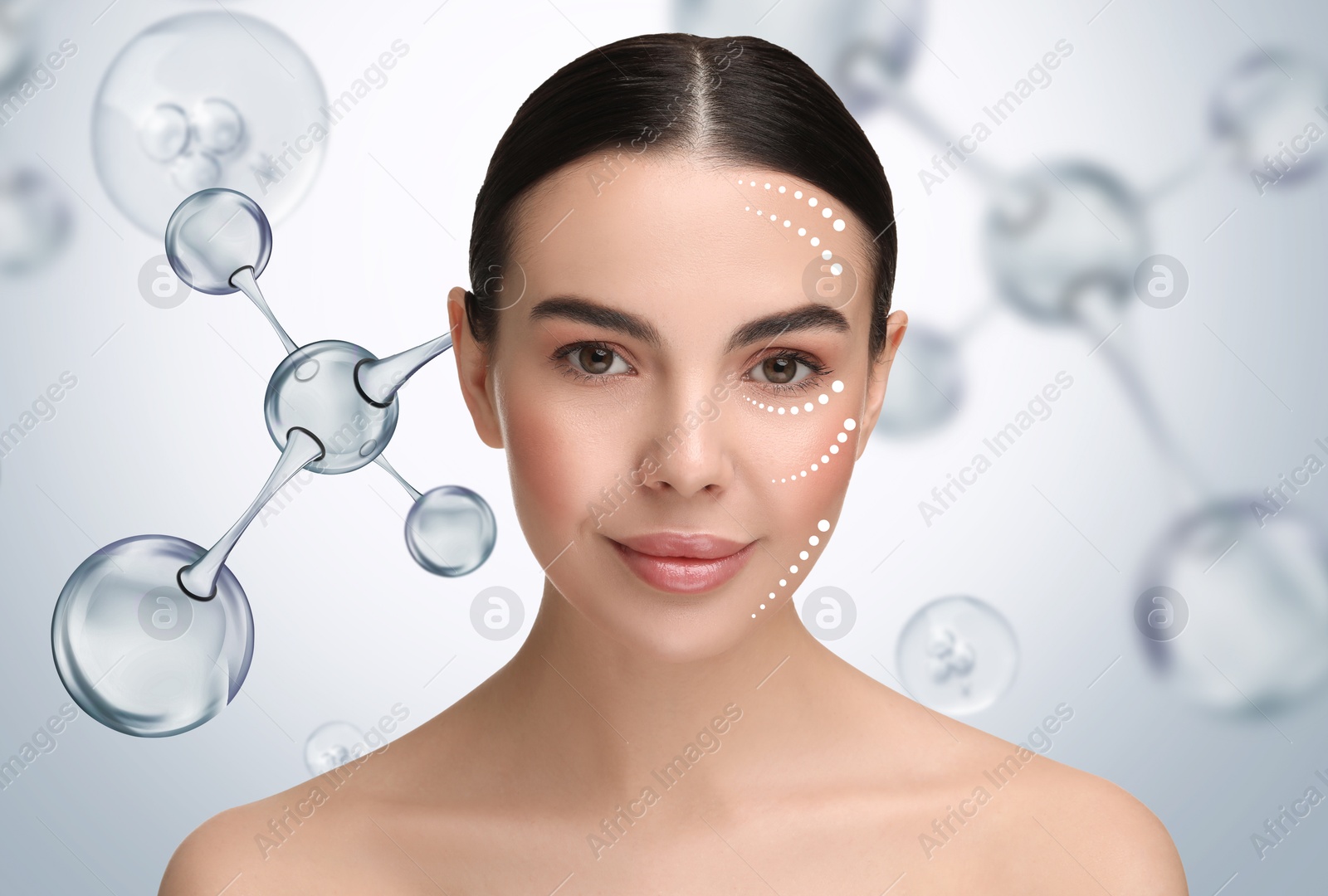 Beautiful woman and collagen molecules on light grey background Image of Beautiful woman and collagen molecules on light grey background