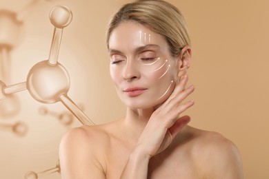 Image of Beautiful woman and collagen molecules on pale brown background. Arrows on her face showing lifting effect