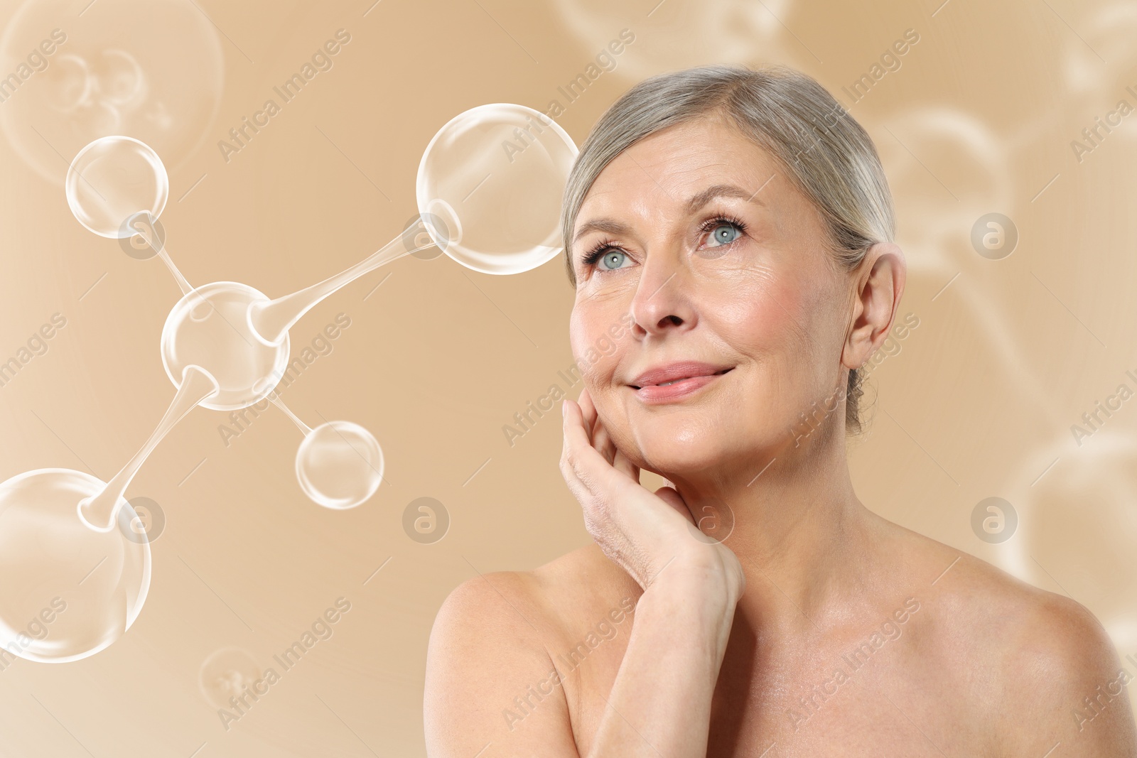 Beautiful mature woman and collagen molecules on pale brown background Image of Beautiful mature woman and collagen molecules on pale brown background