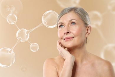 Image of Beautiful mature woman and collagen molecules on pale brown background