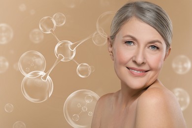 Image of Beautiful mature woman and collagen molecules on pale brown background