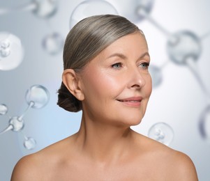 Image of Beautiful mature woman and collagen molecules on light grey background