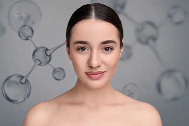 Image of Beautiful woman and collagen molecules on grey background