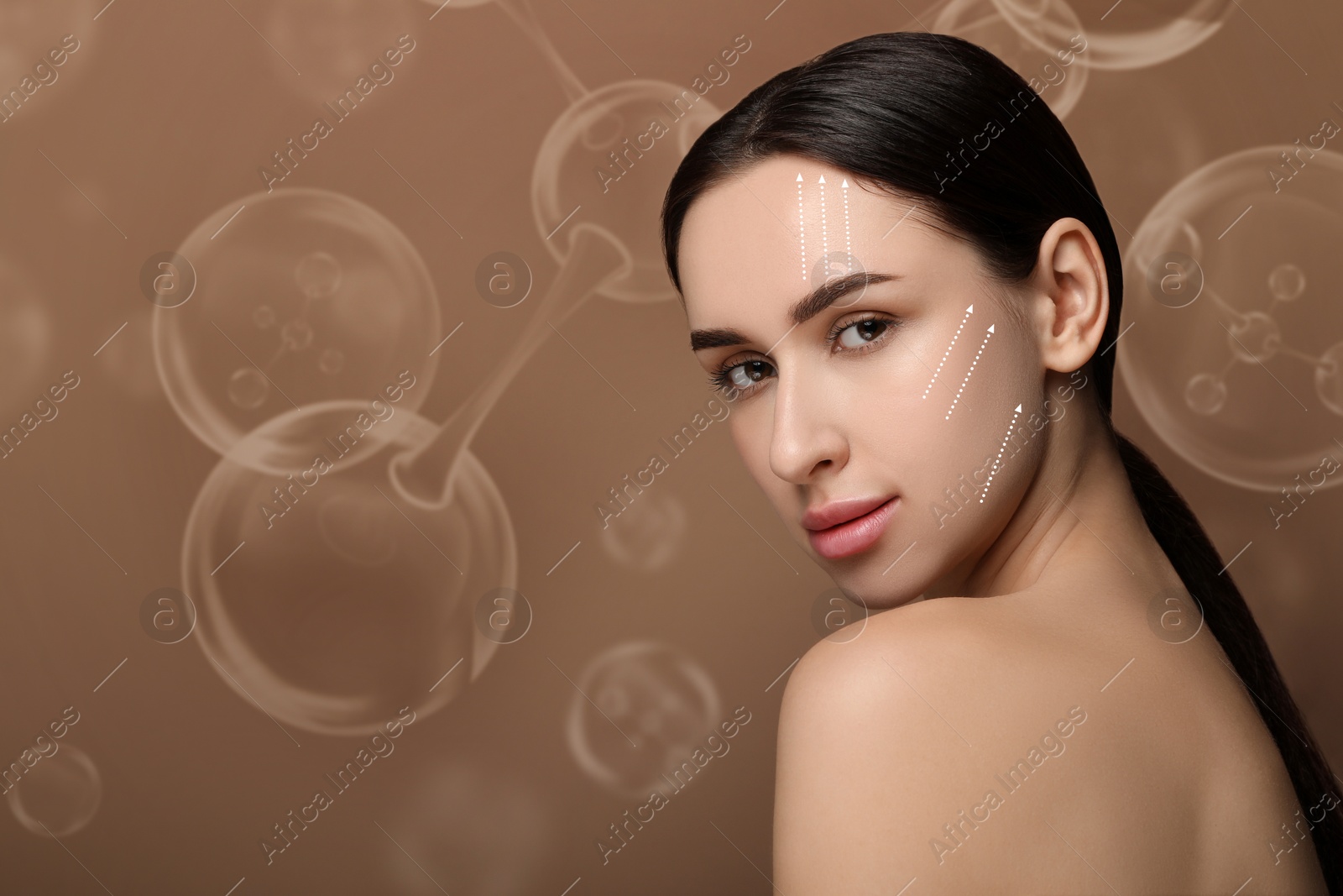 Beautiful woman and collagen molecules on brown background. Arrows on her face showing lifting effect Image of Beautiful woman and collagen molecules on brown background. Arrows on her face showing lifting effect