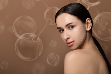 Image of Beautiful woman and collagen molecules on brown background. Arrows on her face showing lifting effect